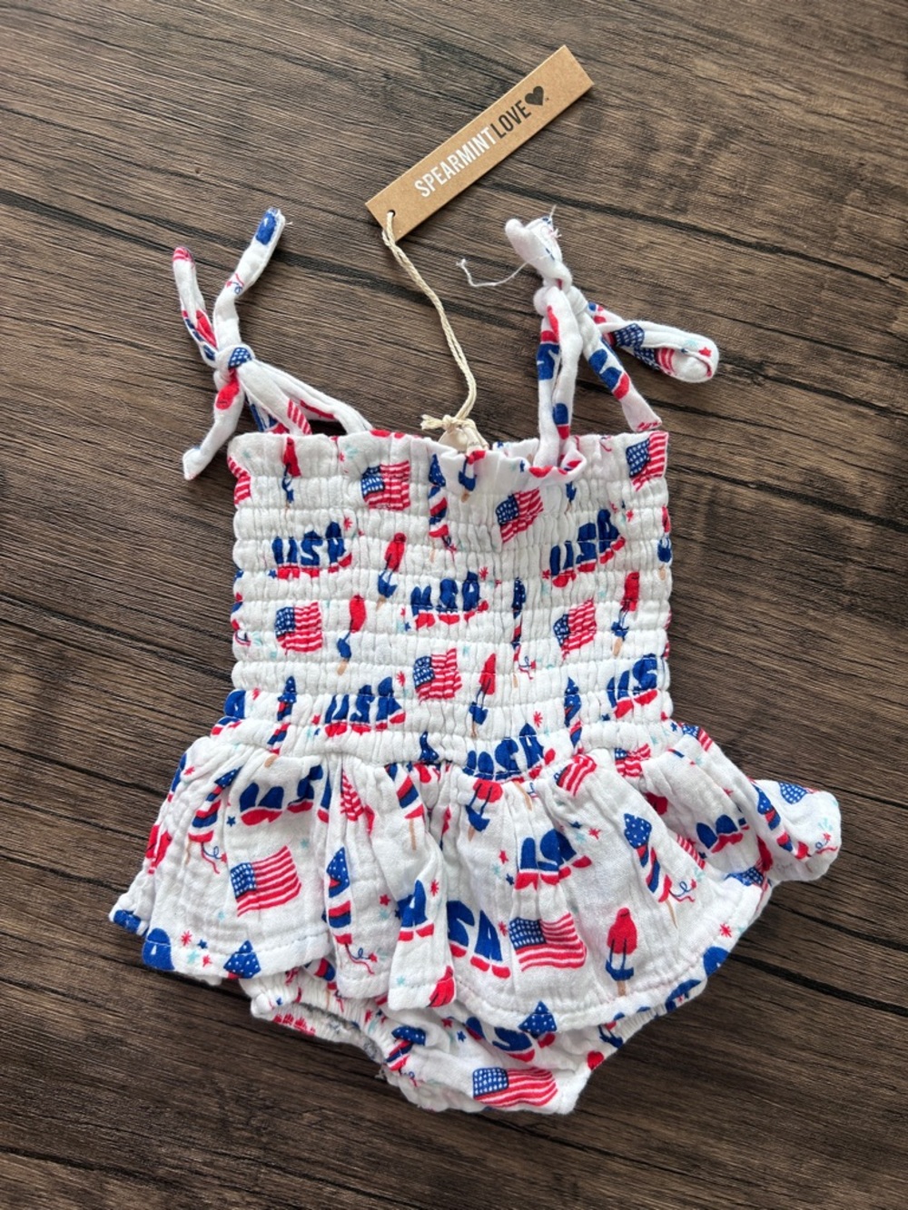 SpearmintLOVE Girls' USA Flag Romper - White, Red & Blue